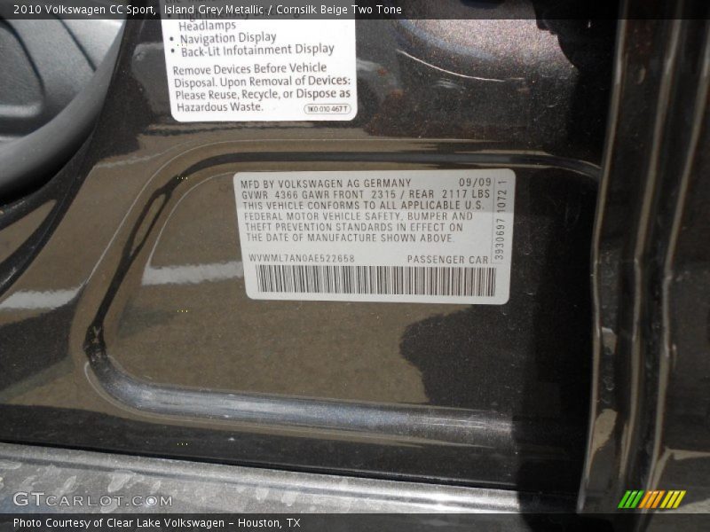 Island Grey Metallic / Cornsilk Beige Two Tone 2010 Volkswagen CC Sport