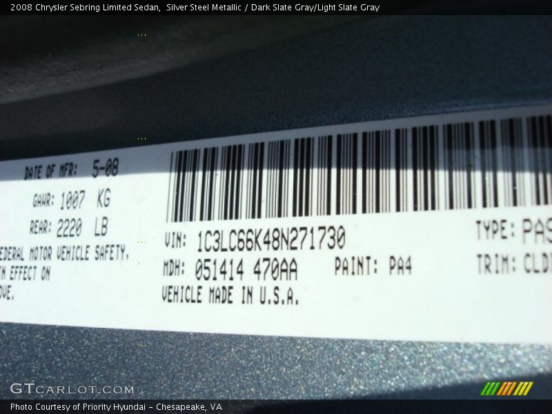 Silver Steel Metallic / Dark Slate Gray/Light Slate Gray 2008 Chrysler Sebring Limited Sedan