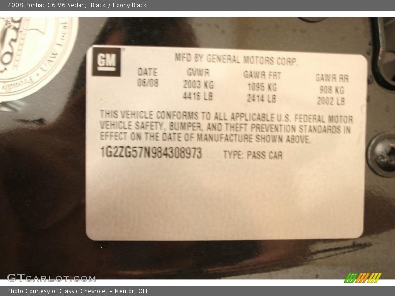 Black / Ebony Black 2008 Pontiac G6 V6 Sedan