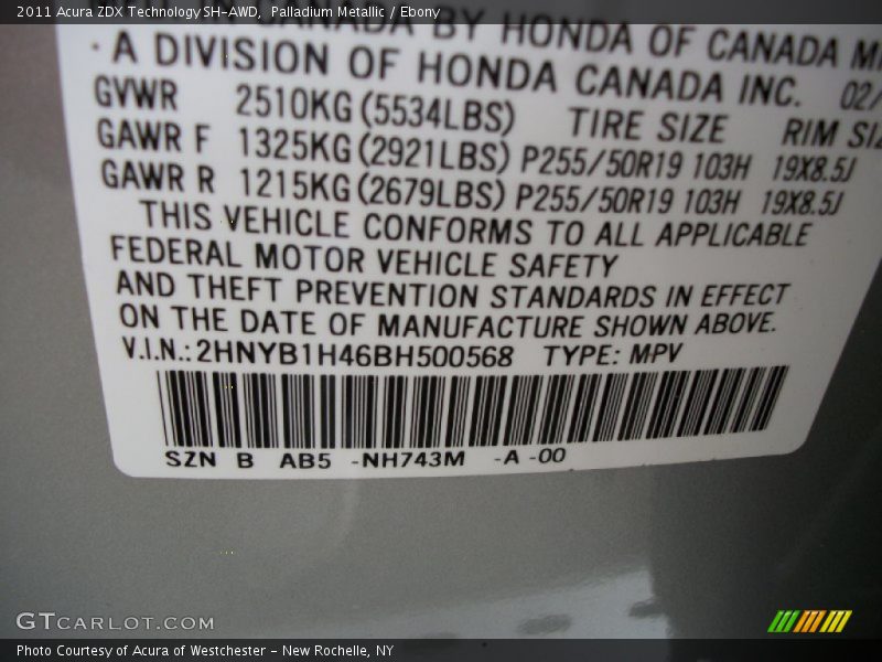 Palladium Metallic / Ebony 2011 Acura ZDX Technology SH-AWD