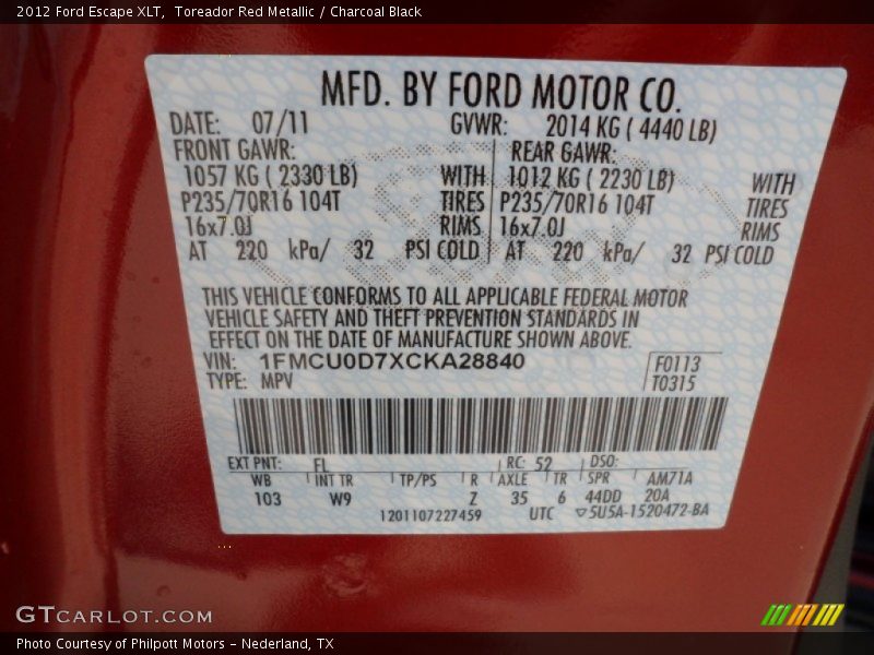 2012 Escape XLT Toreador Red Metallic Color Code FL