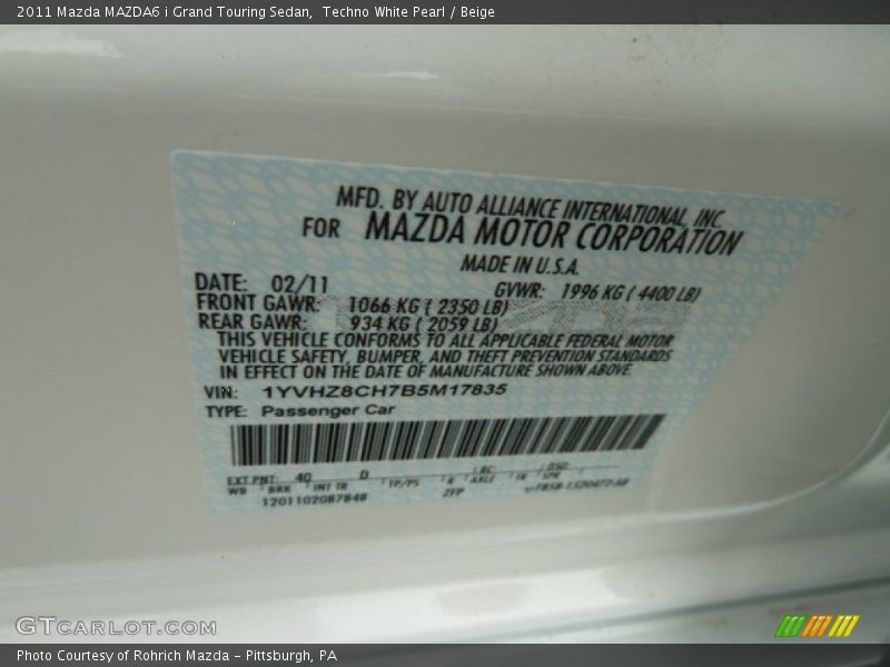 Techno White Pearl / Beige 2011 Mazda MAZDA6 i Grand Touring Sedan