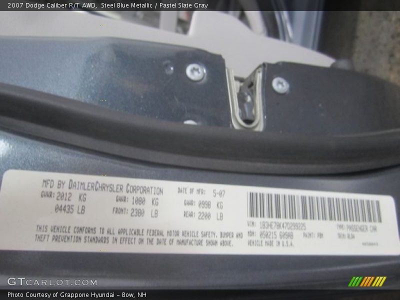 Steel Blue Metallic / Pastel Slate Gray 2007 Dodge Caliber R/T AWD