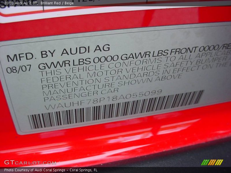 Brilliant Red / Beige 2008 Audi A3 2.0T