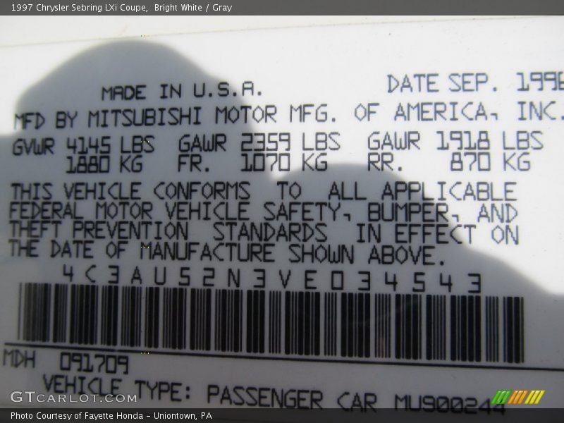 Bright White / Gray 1997 Chrysler Sebring LXi Coupe