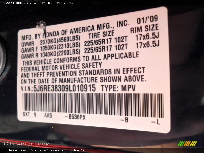 2009 CR-V LX Royal Blue Pearl Color Code B536PX