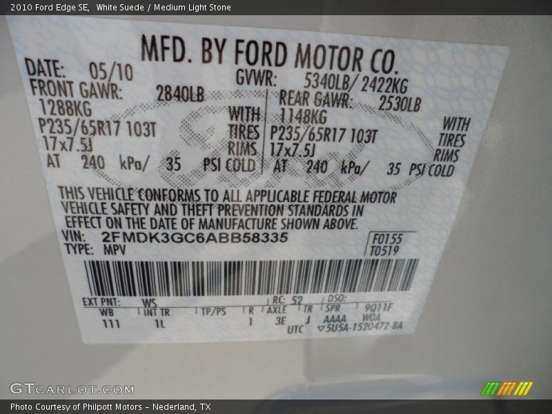 White Suede / Medium Light Stone 2010 Ford Edge SE