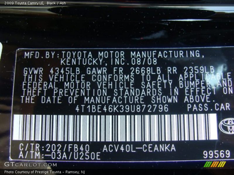 Black / Ash 2009 Toyota Camry LE