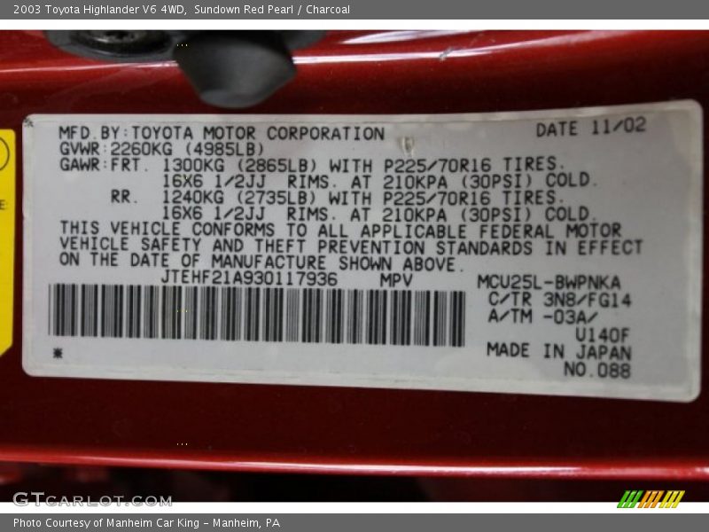 Sundown Red Pearl / Charcoal 2003 Toyota Highlander V6 4WD