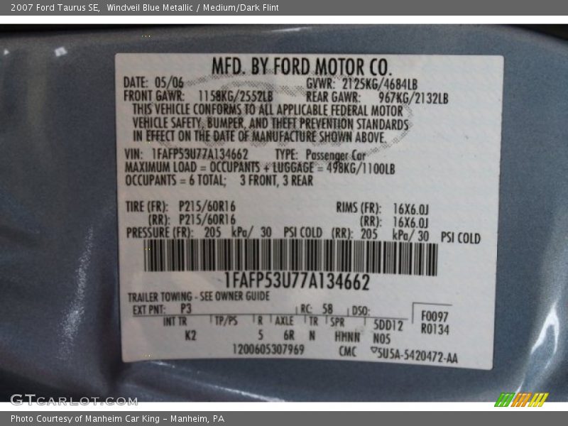 Windveil Blue Metallic / Medium/Dark Flint 2007 Ford Taurus SE