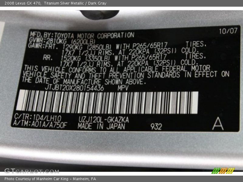 Titanium Silver Metallic / Dark Gray 2008 Lexus GX 470