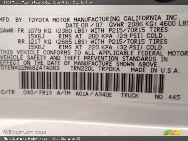 Super White / Graphite Gray 2008 Toyota Tacoma Regular Cab