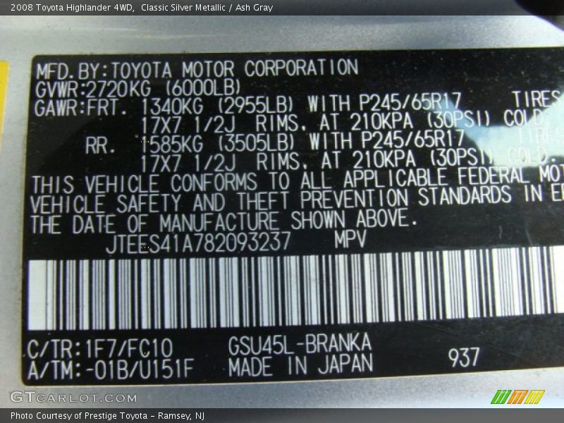 Classic Silver Metallic / Ash Gray 2008 Toyota Highlander 4WD