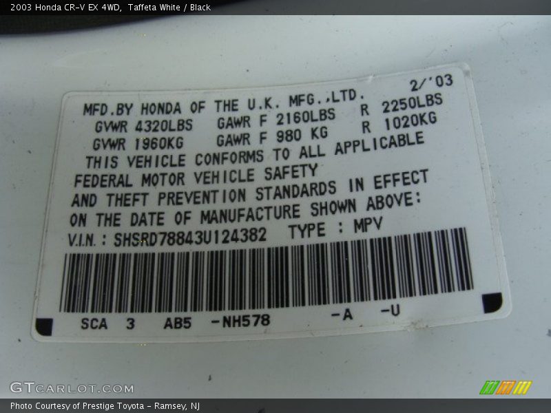 Taffeta White / Black 2003 Honda CR-V EX 4WD
