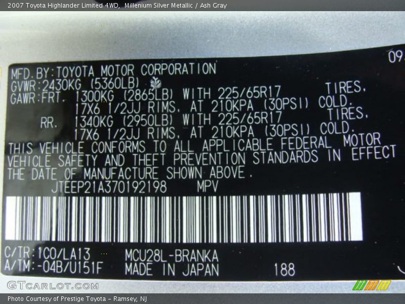 Millenium Silver Metallic / Ash Gray 2007 Toyota Highlander Limited 4WD