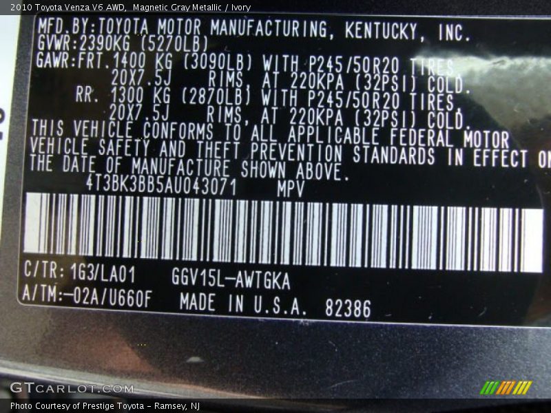 Magnetic Gray Metallic / Ivory 2010 Toyota Venza V6 AWD