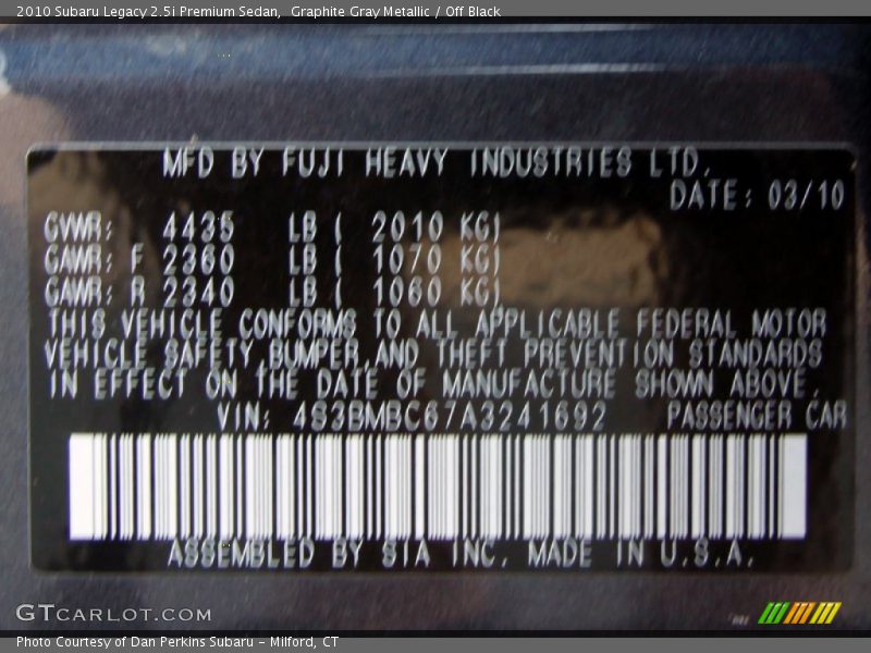 Graphite Gray Metallic / Off Black 2010 Subaru Legacy 2.5i Premium Sedan
