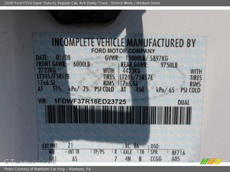 2008 F350 Super Duty XL Regular Cab 4x4 Dump Truck Oxford White Color Code Z1