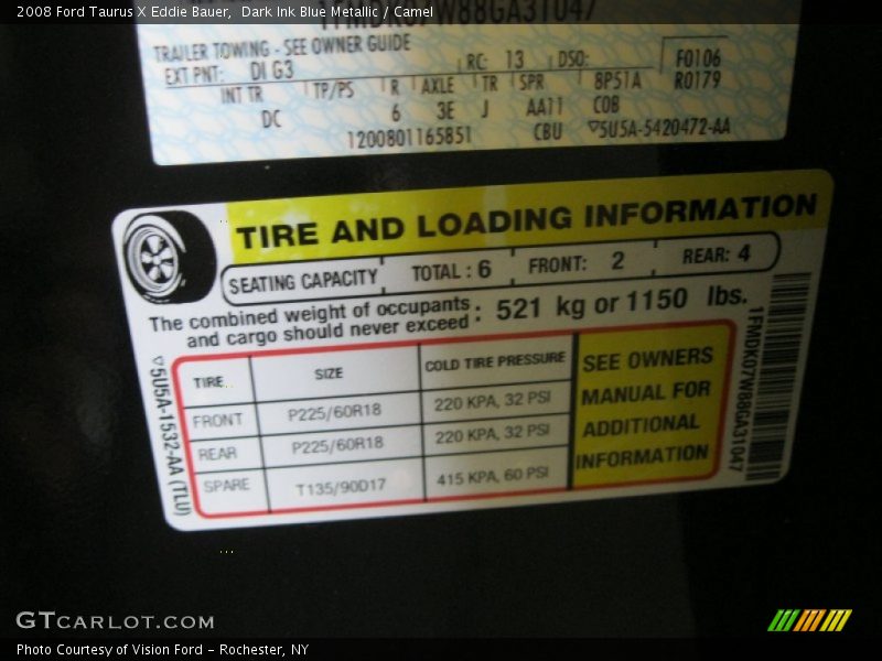 Info Tag of 2008 Taurus X Eddie Bauer