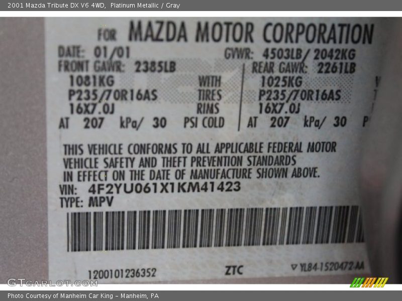 Platinum Metallic / Gray 2001 Mazda Tribute DX V6 4WD