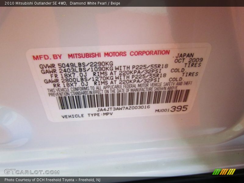 Diamond White Pearl / Beige 2010 Mitsubishi Outlander SE 4WD