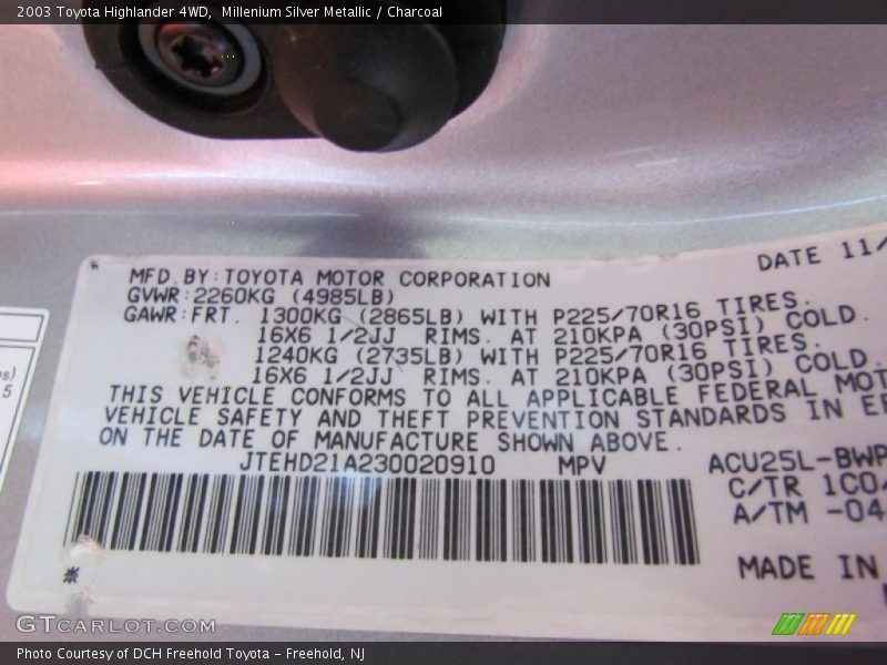 Millenium Silver Metallic / Charcoal 2003 Toyota Highlander 4WD