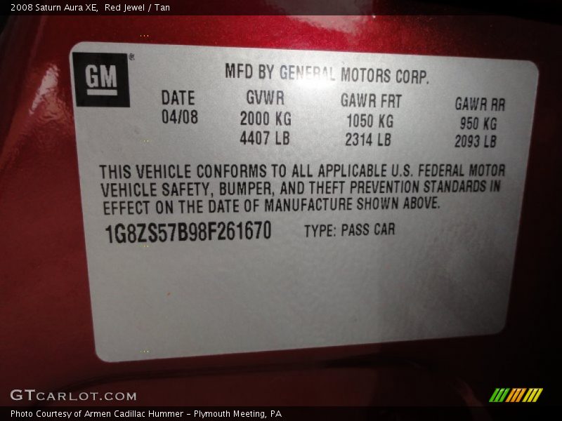 Red Jewel / Tan 2008 Saturn Aura XE
