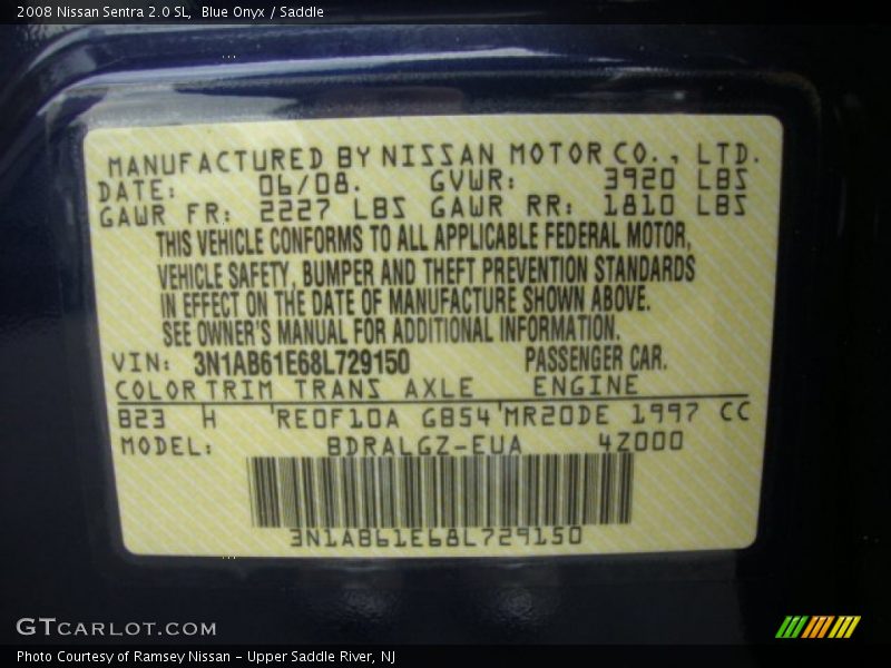Blue Onyx / Saddle 2008 Nissan Sentra 2.0 SL