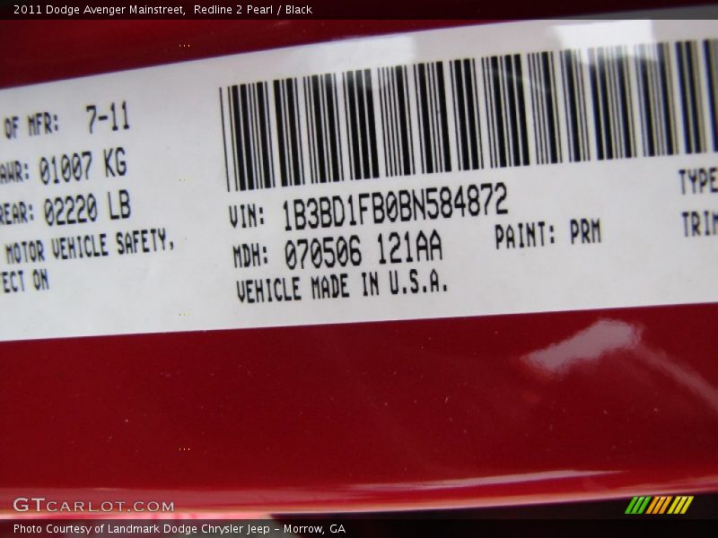 Redline 2 Pearl / Black 2011 Dodge Avenger Mainstreet
