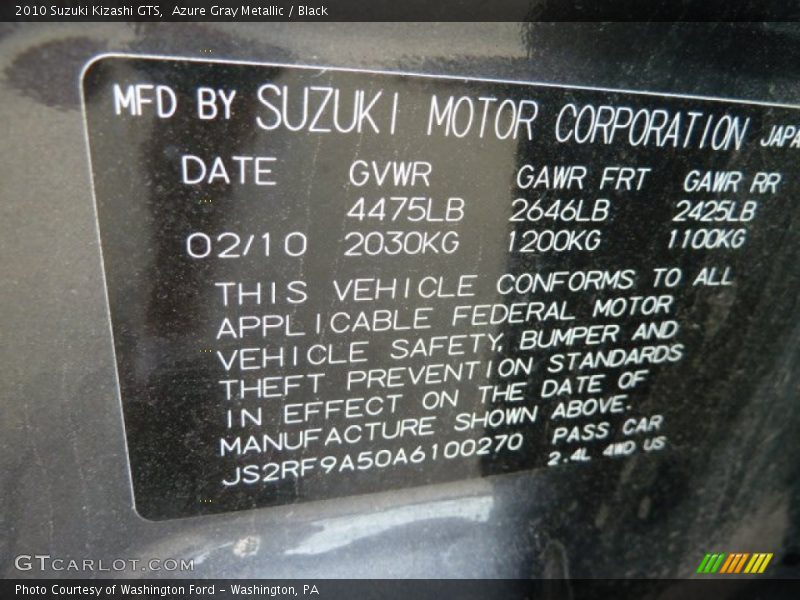 Azure Gray Metallic / Black 2010 Suzuki Kizashi GTS