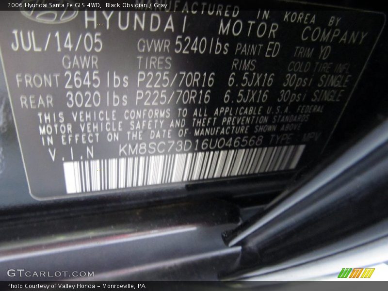 Black Obsidian / Gray 2006 Hyundai Santa Fe GLS 4WD