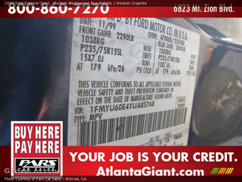 Medium Wedgewood Blue Metallic / Medium Graphite 2000 Ford Explorer Sport
