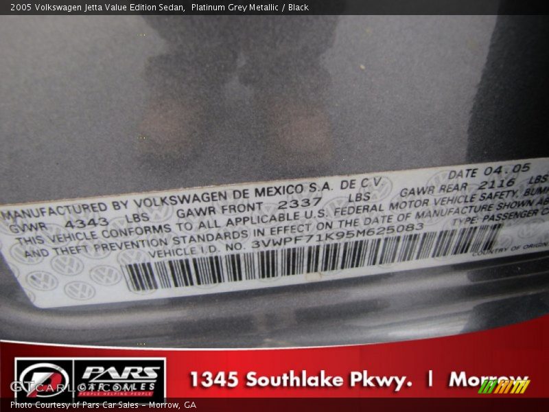 Platinum Grey Metallic / Black 2005 Volkswagen Jetta Value Edition Sedan
