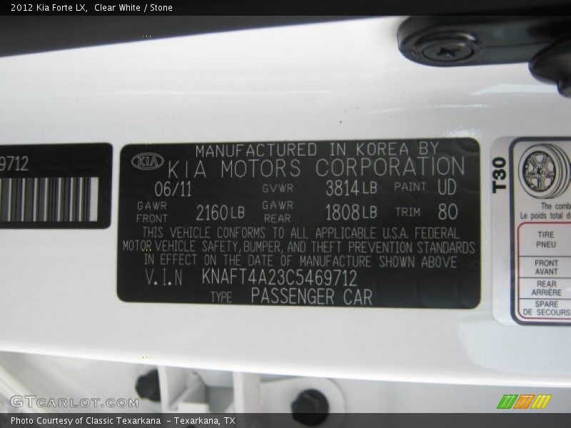 2012 Forte LX Clear White Color Code UD