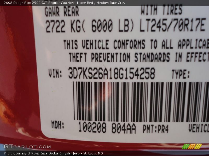 2008 Ram 2500 SXT Regular Cab 4x4 Flame Red Color Code PR4