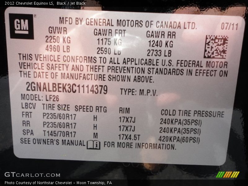 Black / Jet Black 2012 Chevrolet Equinox LS