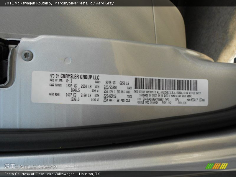 2011 Routan S Mercury Silver Metallic Color Code PS2