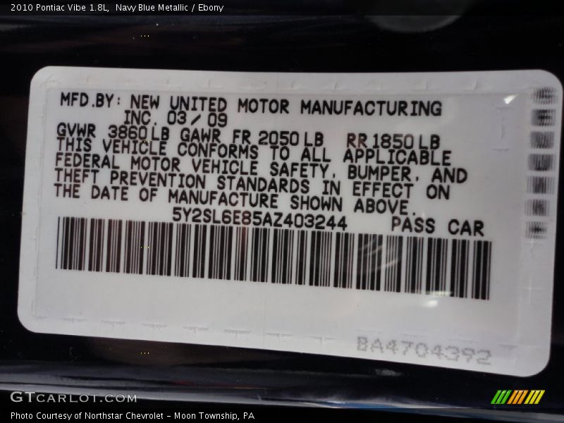 Navy Blue Metallic / Ebony 2010 Pontiac Vibe 1.8L