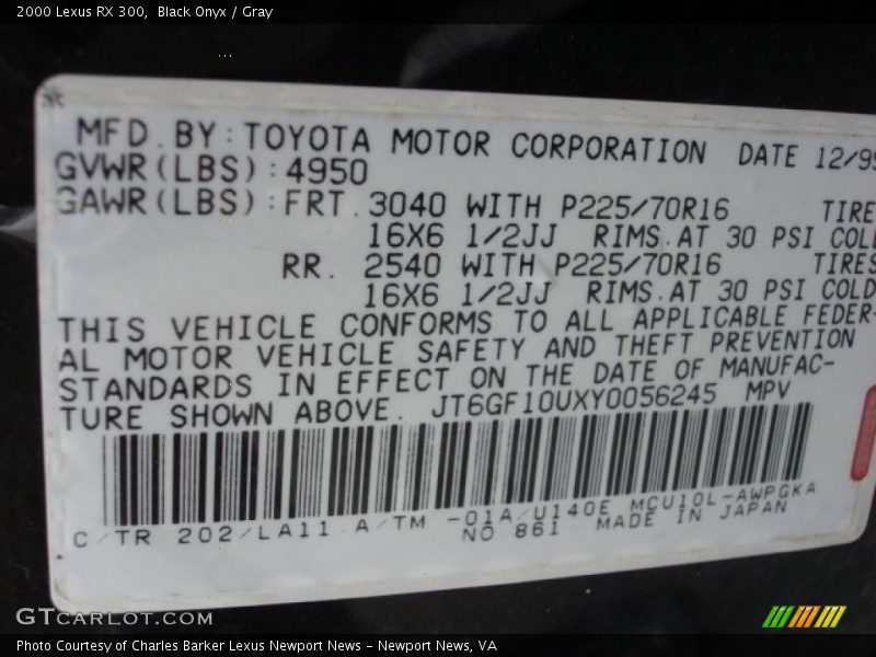 Black Onyx / Gray 2000 Lexus RX 300