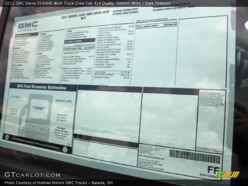  2011 Sierra 3500HD Work Truck Crew Cab 4x4 Dually Window Sticker