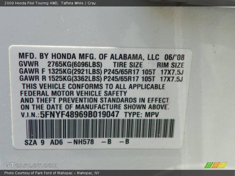 Taffeta White / Gray 2009 Honda Pilot Touring 4WD