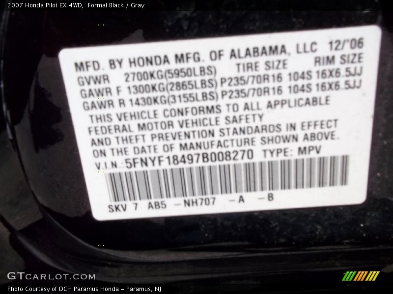Formal Black / Gray 2007 Honda Pilot EX 4WD