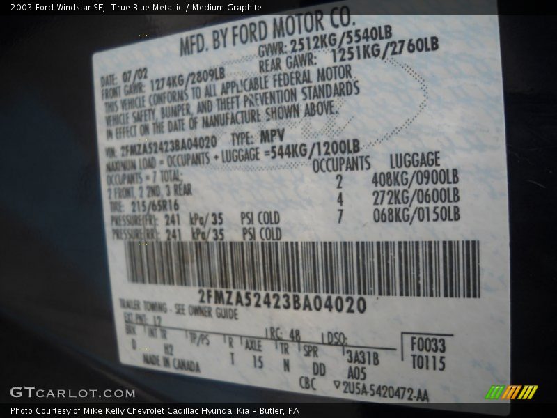True Blue Metallic / Medium Graphite 2003 Ford Windstar SE