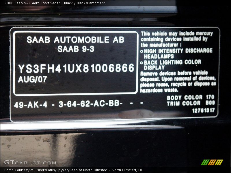2008 9-3 Aero Sport Sedan Black Color Code 170