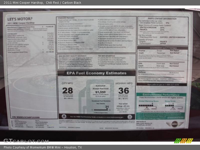Chili Red / Carbon Black 2011 Mini Cooper Hardtop