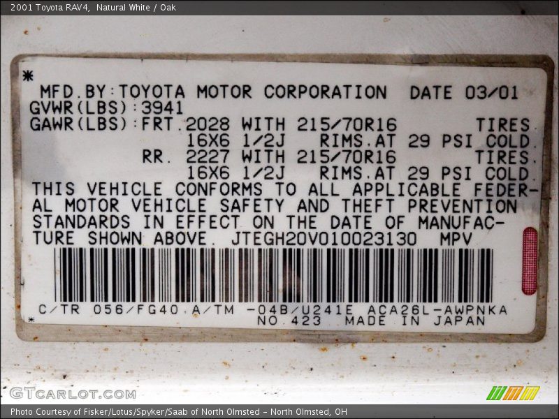 2001 RAV4  Natural White Color Code 056