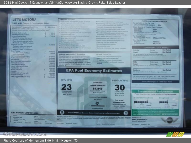  2011 Cooper S Countryman All4 AWD Window Sticker