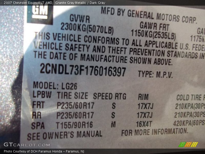 Granite Gray Metallic / Dark Gray 2007 Chevrolet Equinox LT AWD
