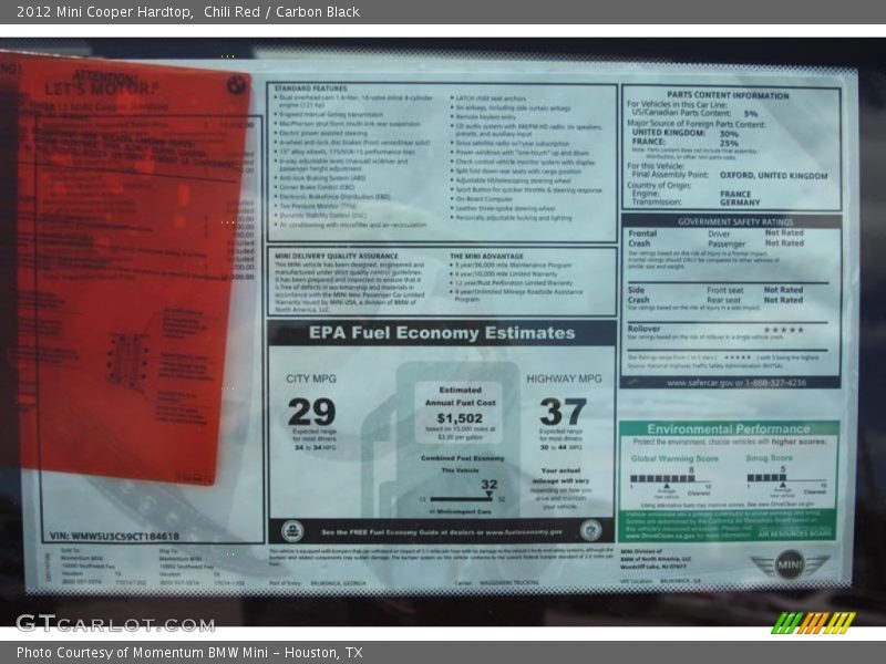  2012 Cooper Hardtop Window Sticker