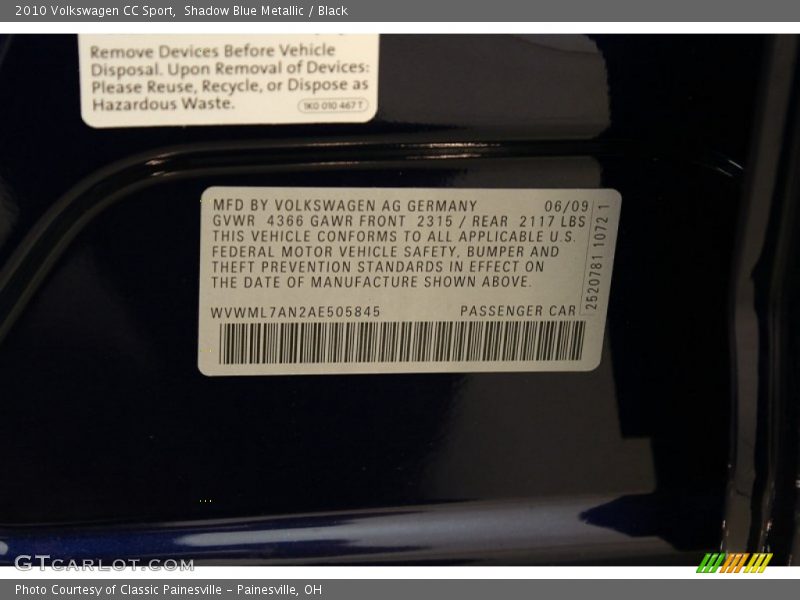 Shadow Blue Metallic / Black 2010 Volkswagen CC Sport